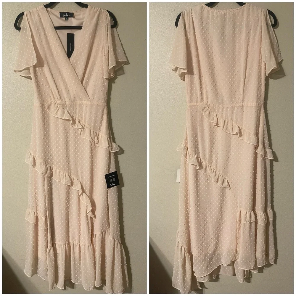 NWT LULUS Next to You Cream Swiss Dot Ruffled Midi Dress - Picture 2 of 7